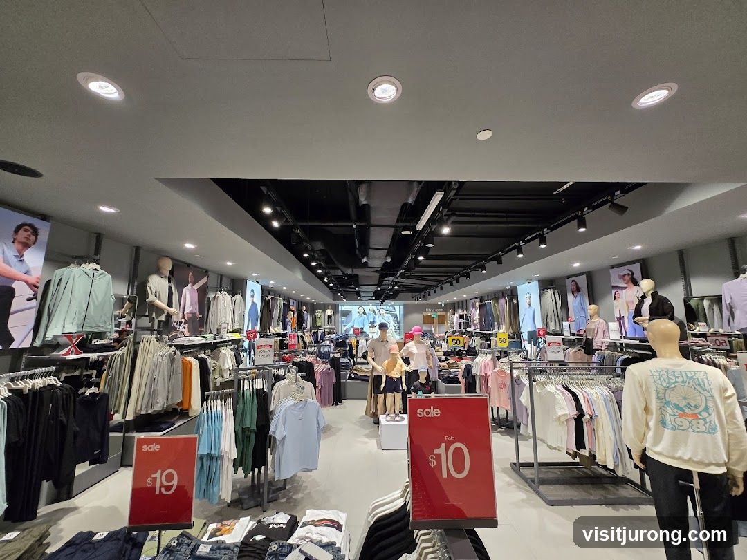 Clothing store interior with sale signs