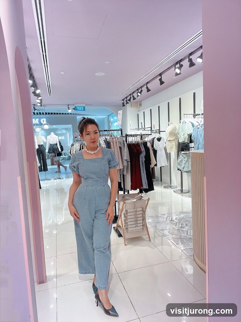 Woman in a denim jumpsuit in a clothing store