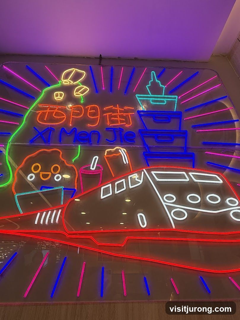 Neon Sign with Train and Food Imagery
