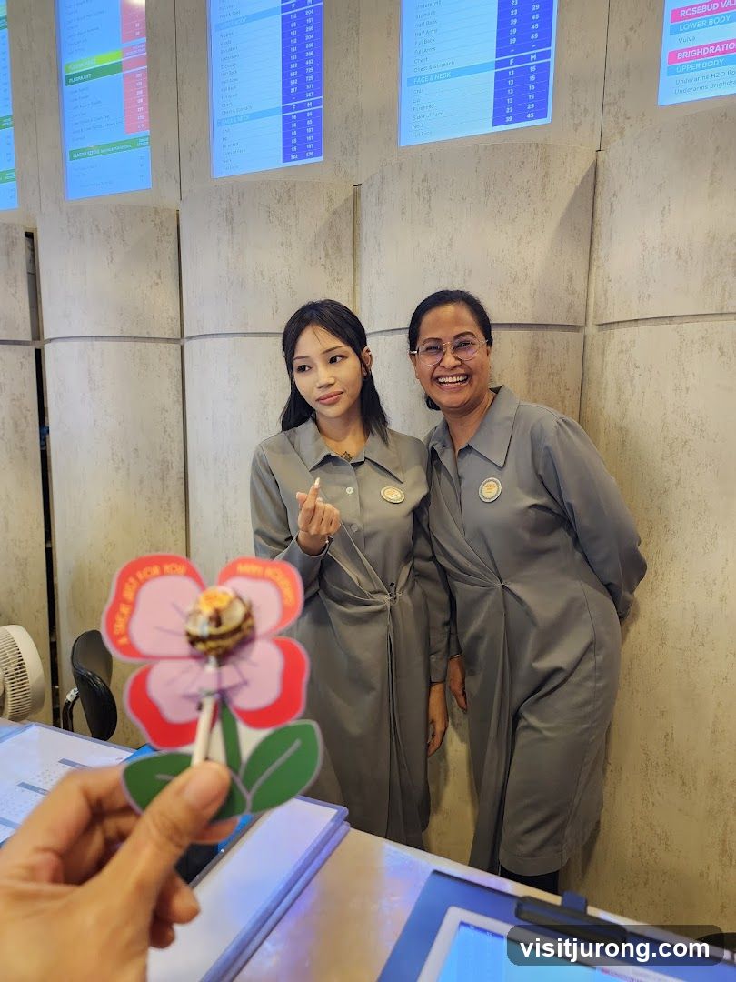 Two women in uniform with a flower-shaped lollipop