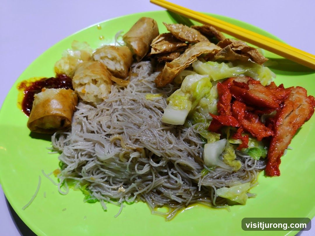 Noodles with Spring Rolls and Meat