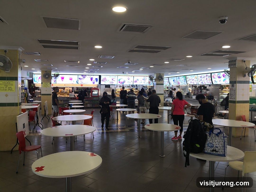 Food court with people queuing