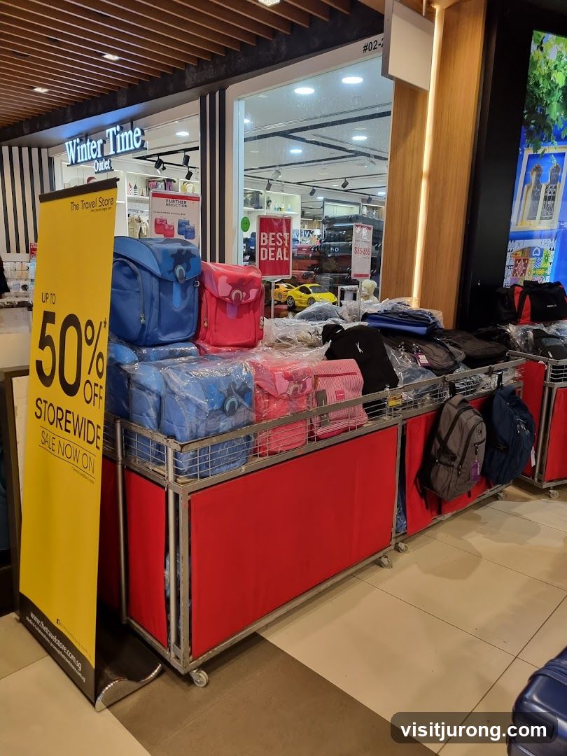 Storefront display with bags and sale banner