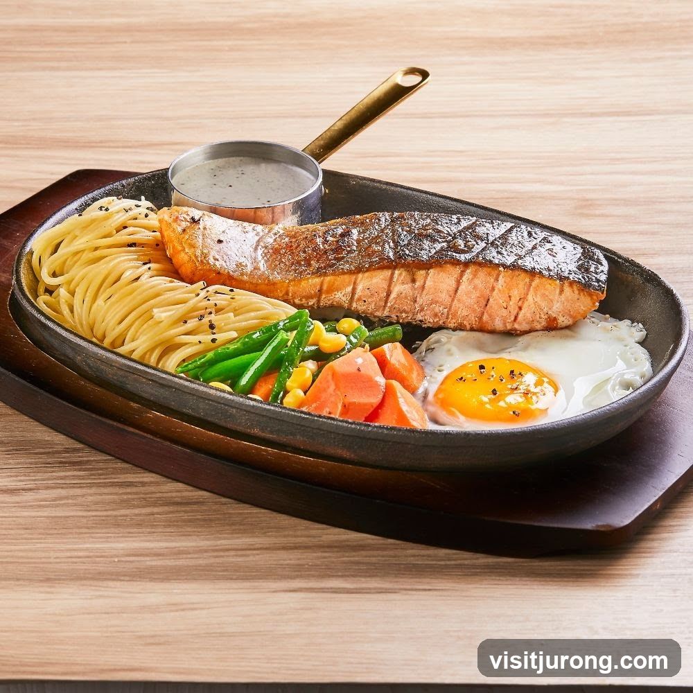 Salmon Steak with Spaghetti and Vegetables