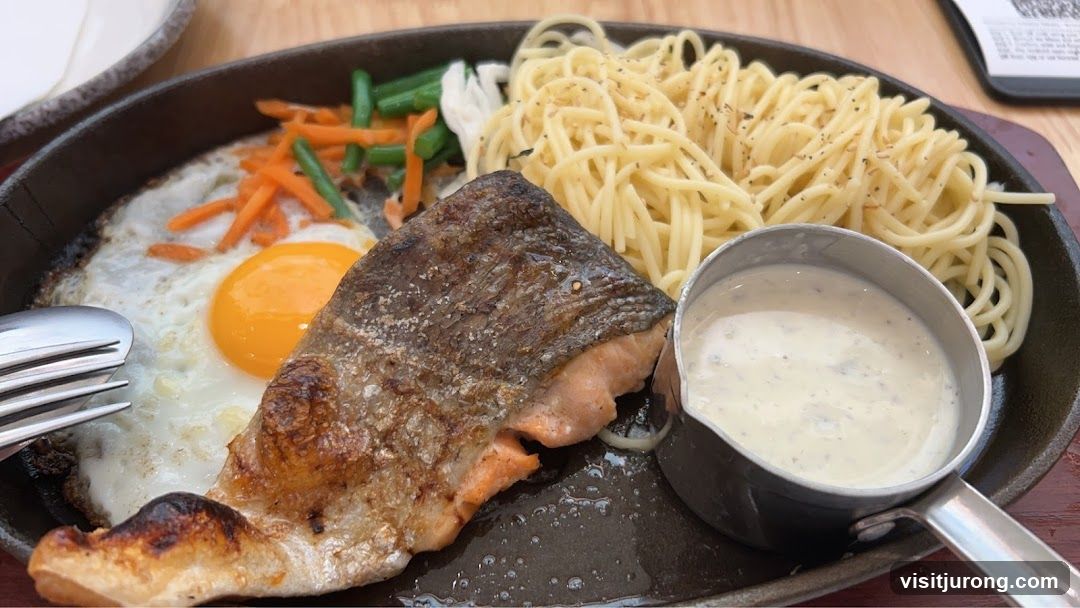 Salmon Steak with Spaghetti and Fried Egg