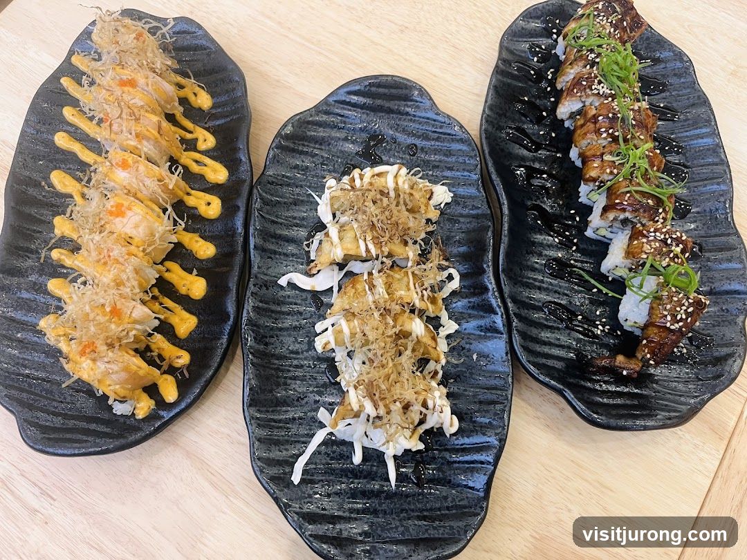 Three plates of sushi rolls