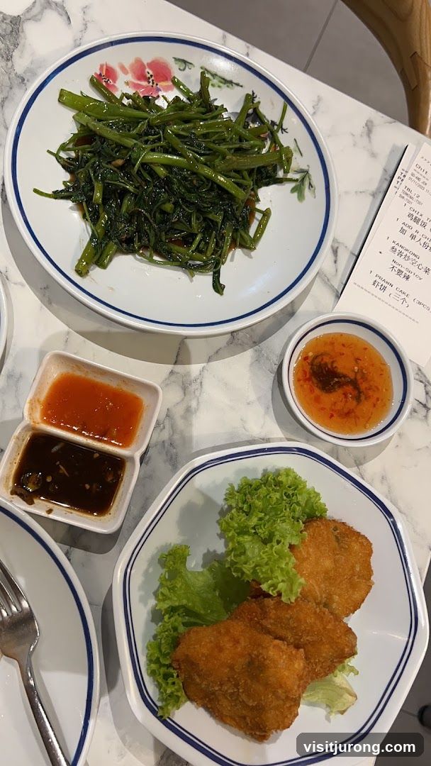 Fried Prawn Cakes and Stir-fried Water Spinach
