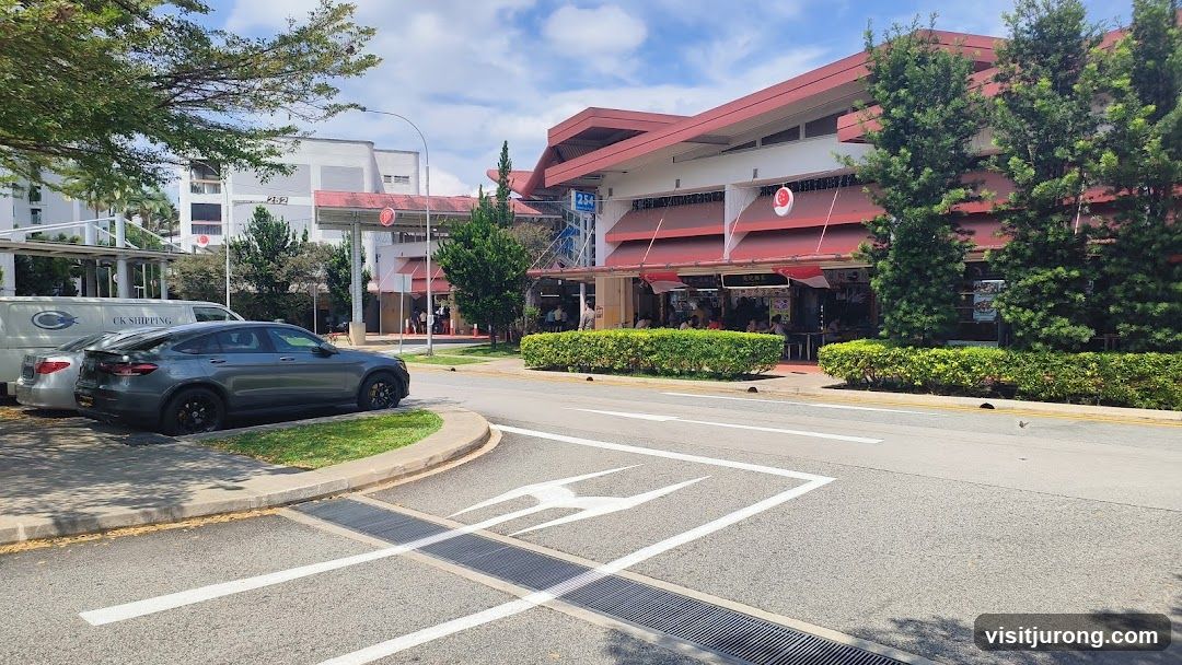 Food stalls with red awnings