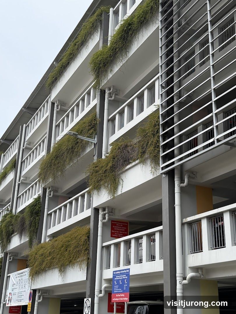 Building with Hanging Plants and Signs