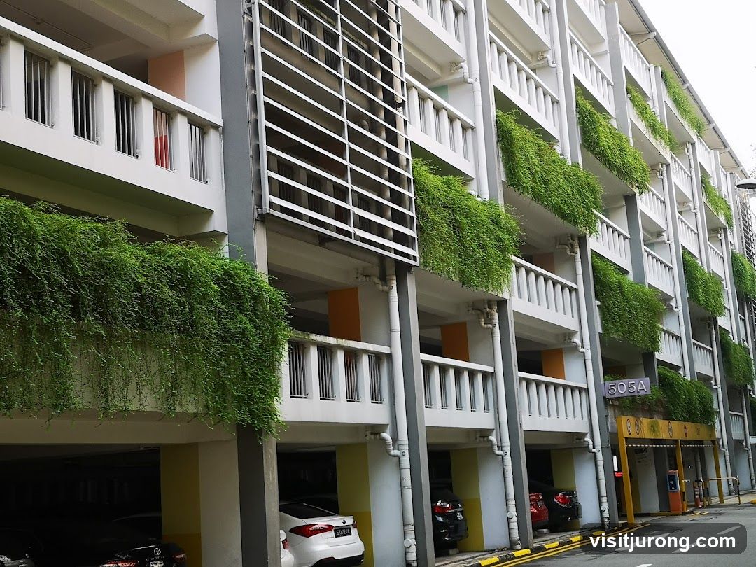 Multi-level parking garage with hanging plants