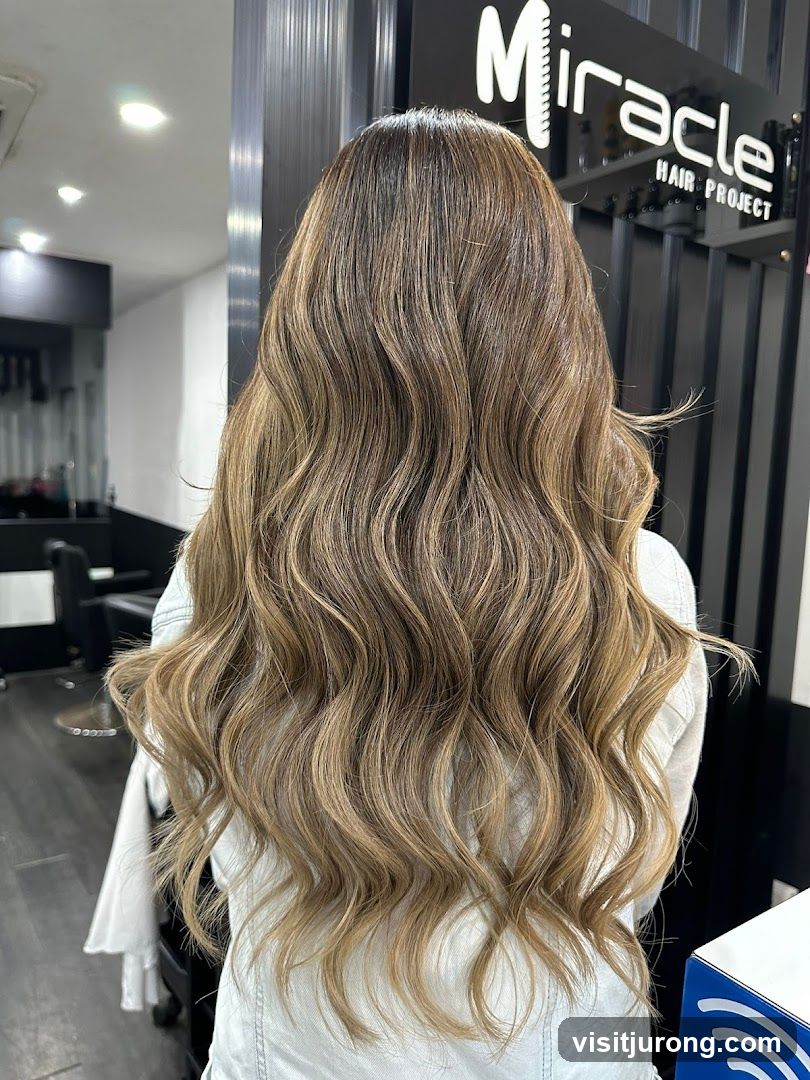 Woman with long, wavy, highlighted hair