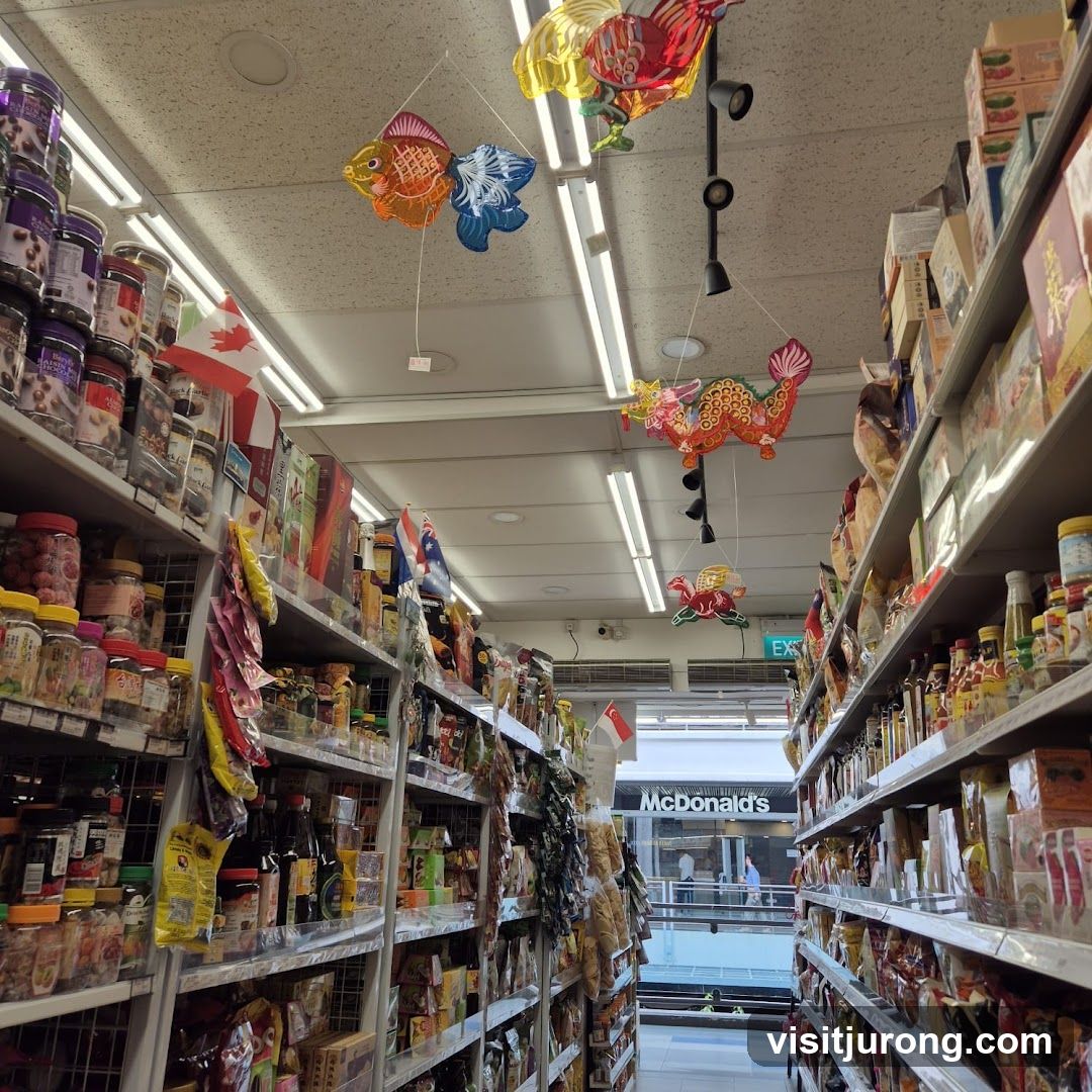 Aisle of a grocery store with decorations