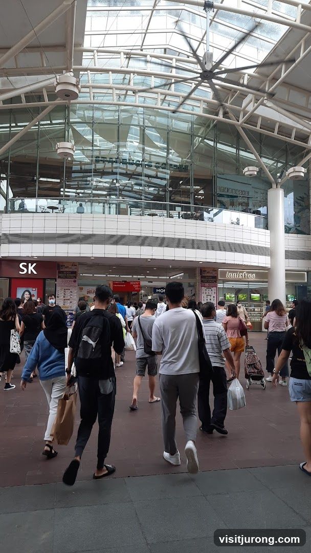 People walking in a mall with storefronts
