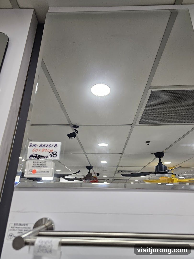 Mirror reflecting ceiling fans and product labels