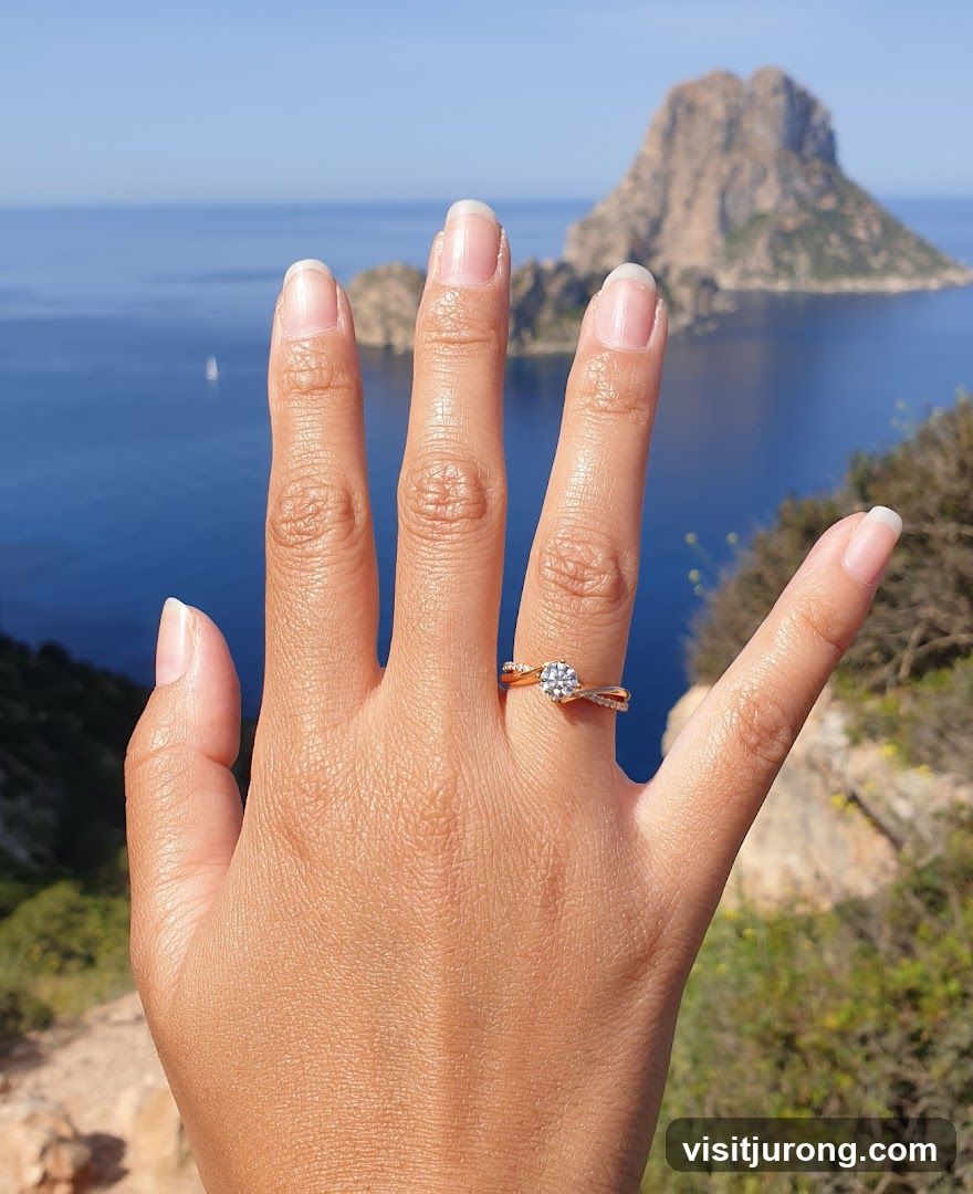 Diamond engagement ring on a hand with a scenic background