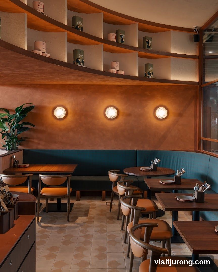 Restaurant Interior with Shelving and Seating