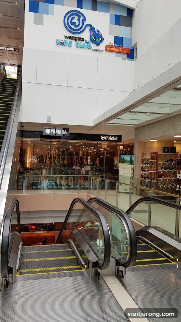 Mall Interior with Escalators and Storefronts