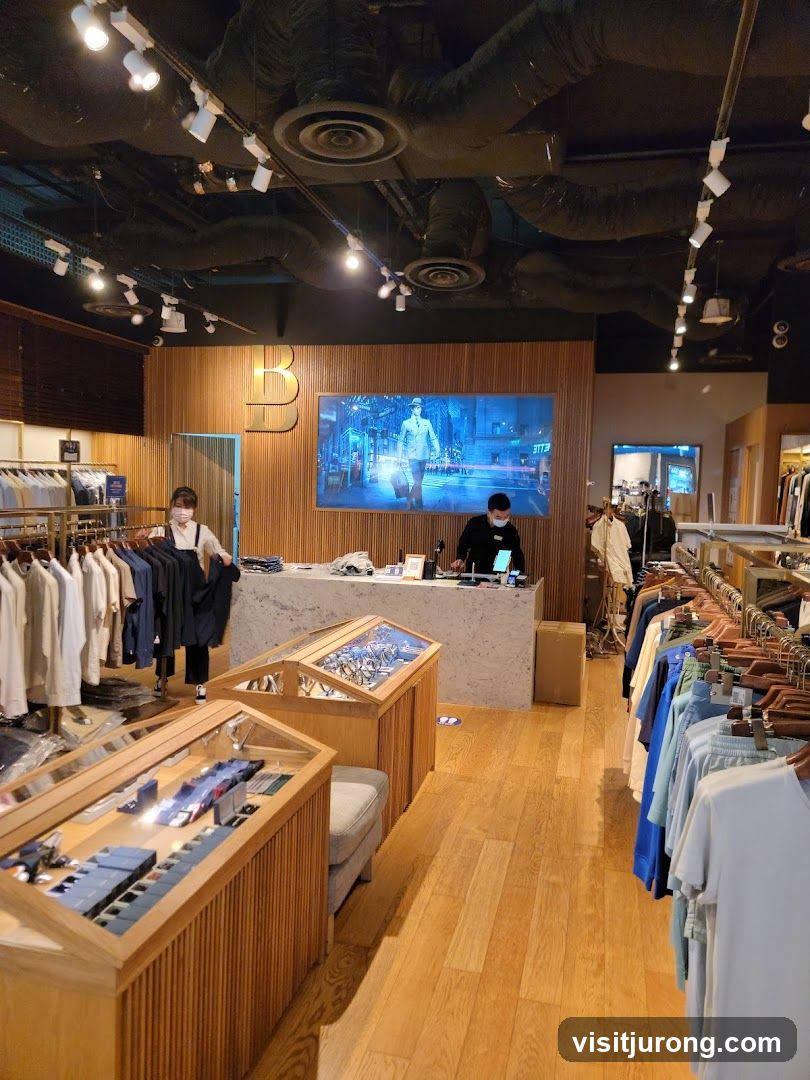 Clothing store interior with display cases and clothing racks