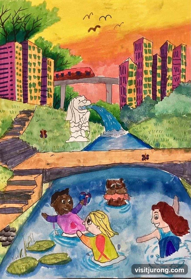 Children Playing in Water with Cityscape Background