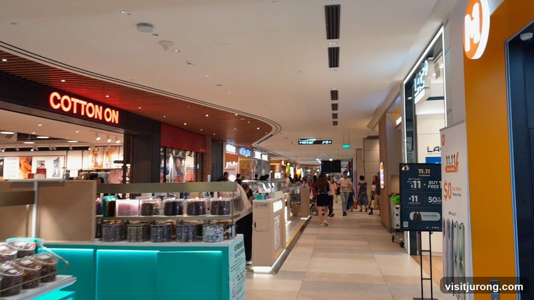 Shopping mall interior with various stores