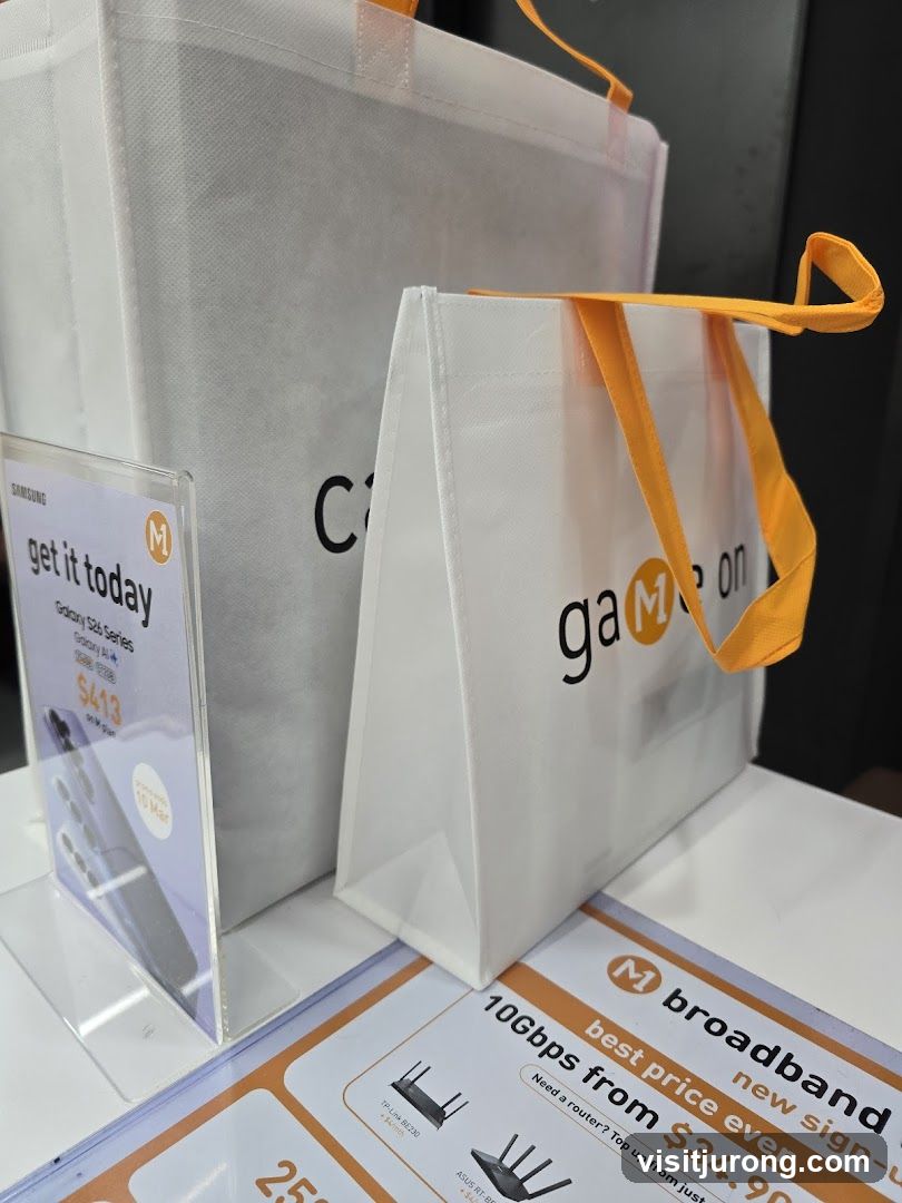 Promotional display with shopping bags and product information