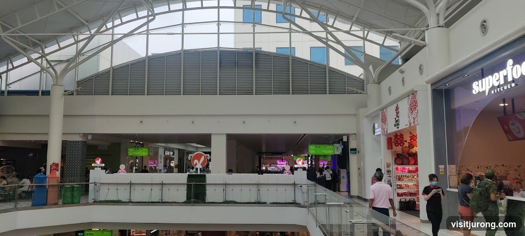 Indoor shopping mall with multiple stores and walkways