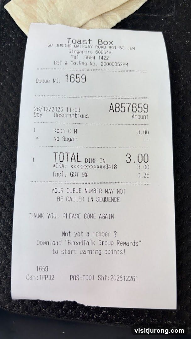 Receipt from Toast Box