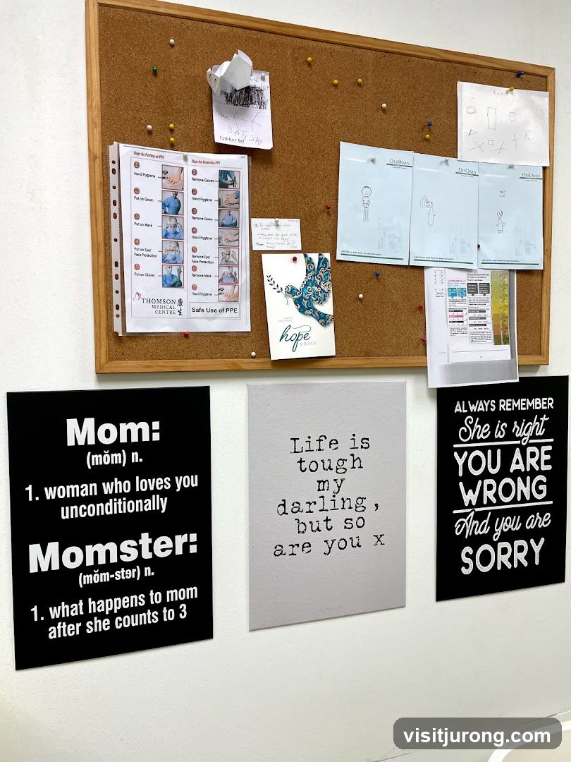 Corkboard with notices and decorative prints