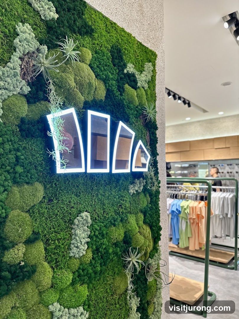 Moss Wall with Neon Logo and Apparel Display