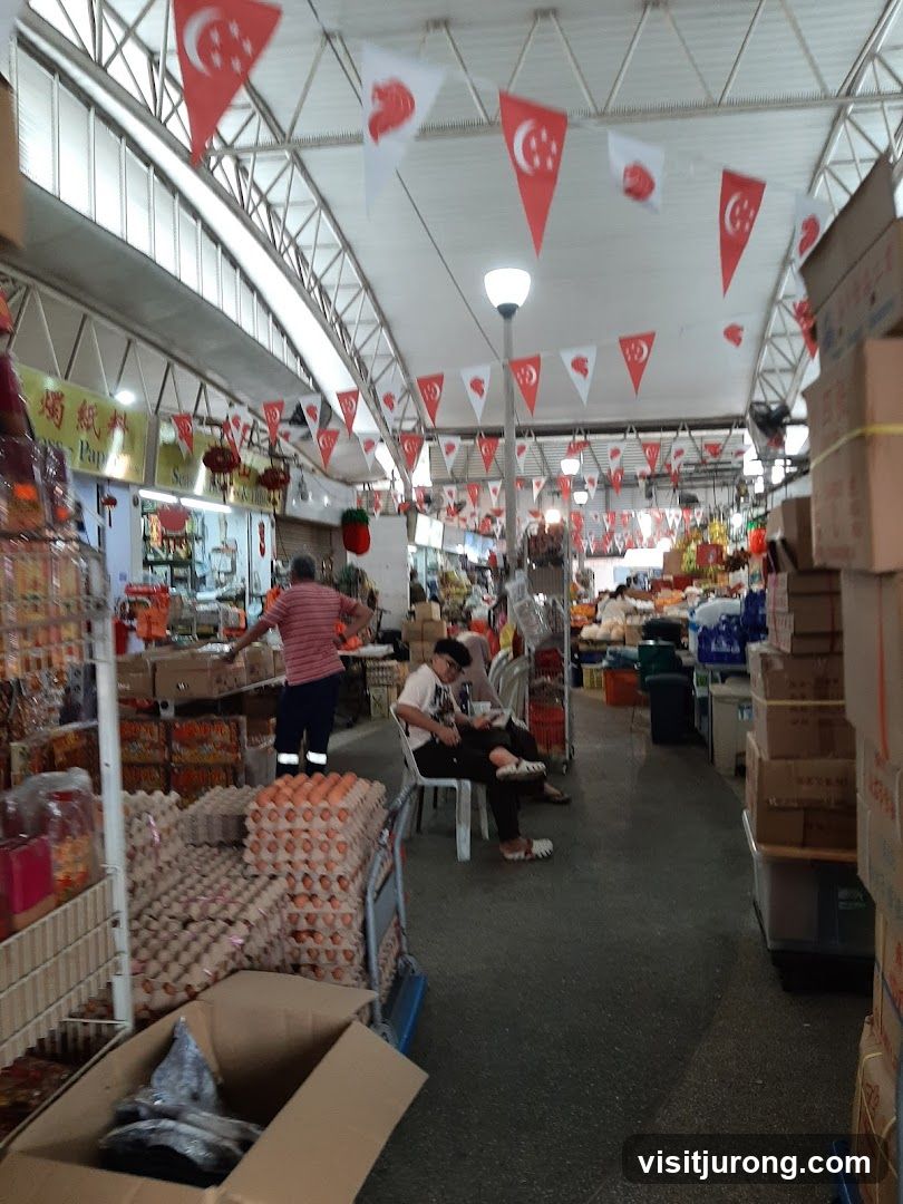 Market stalls with Singapore flags