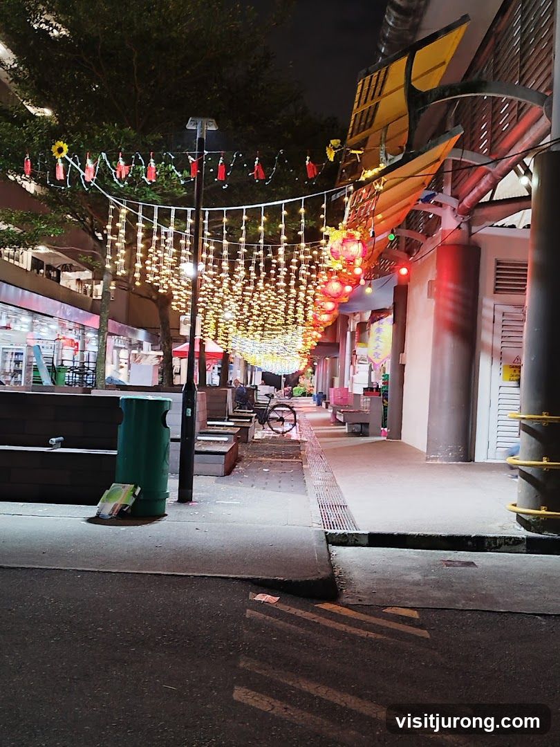 Street decorated with lights and lanterns