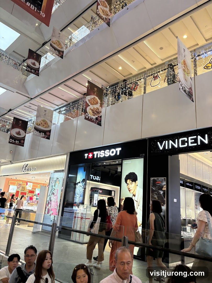 Shopping mall interior with storefronts and banners