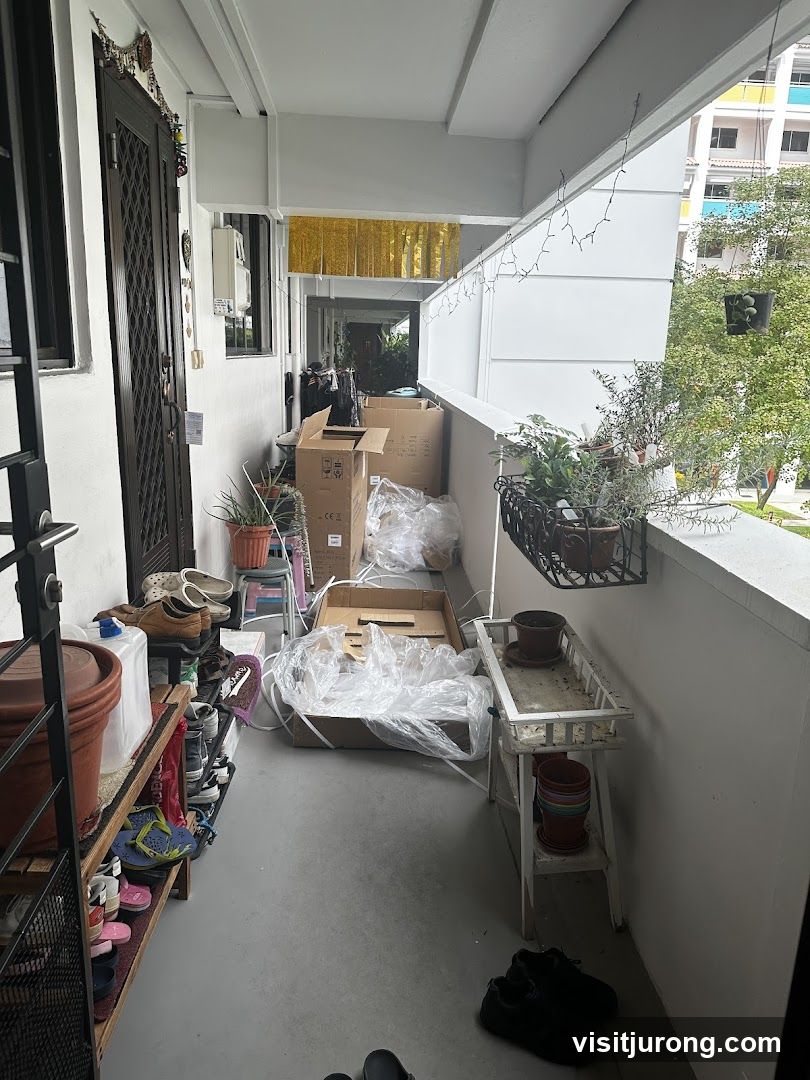 Balcony with stored items and plants