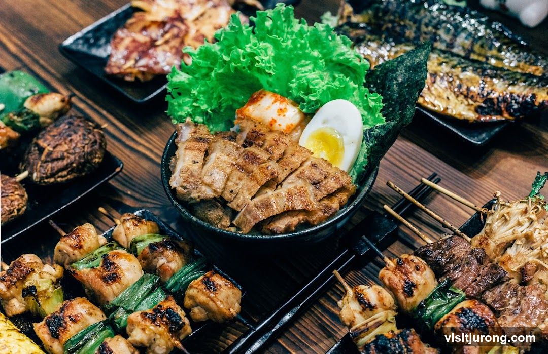 Assortment of Japanese Skewers and Dishes