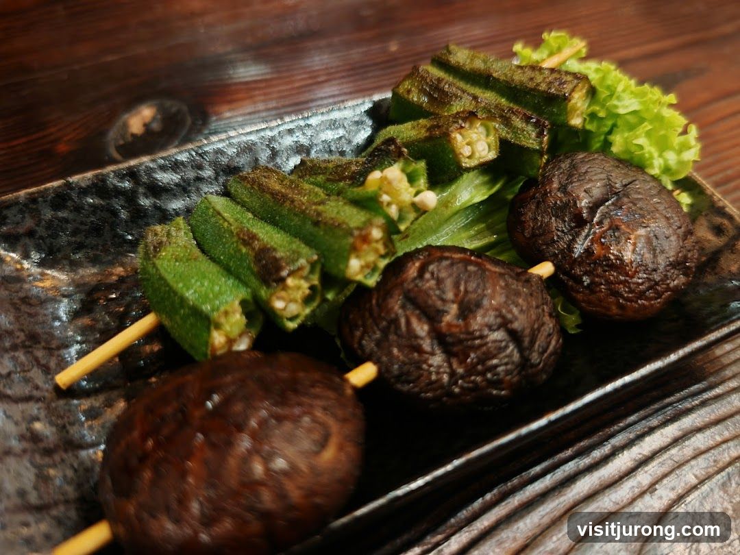 Skewered Okra and Shiitake Mushrooms