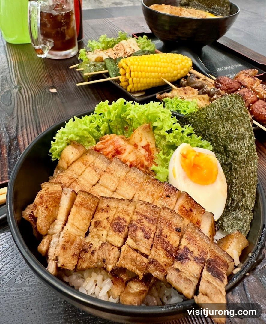 Pork Belly Rice Bowl with Skewers