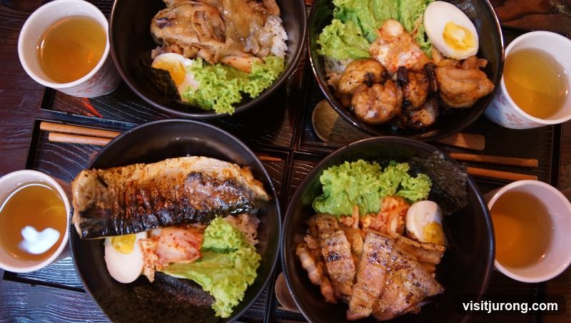Four Bowls of Rice with Toppings and Tea