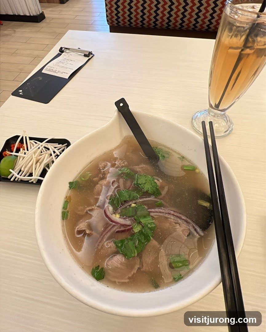 Pho with Side of Bean Sprouts and Drink