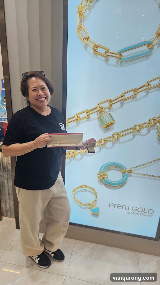Woman holding jewelry box in front of advertisement