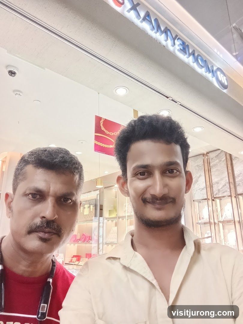 Two men in front of a store