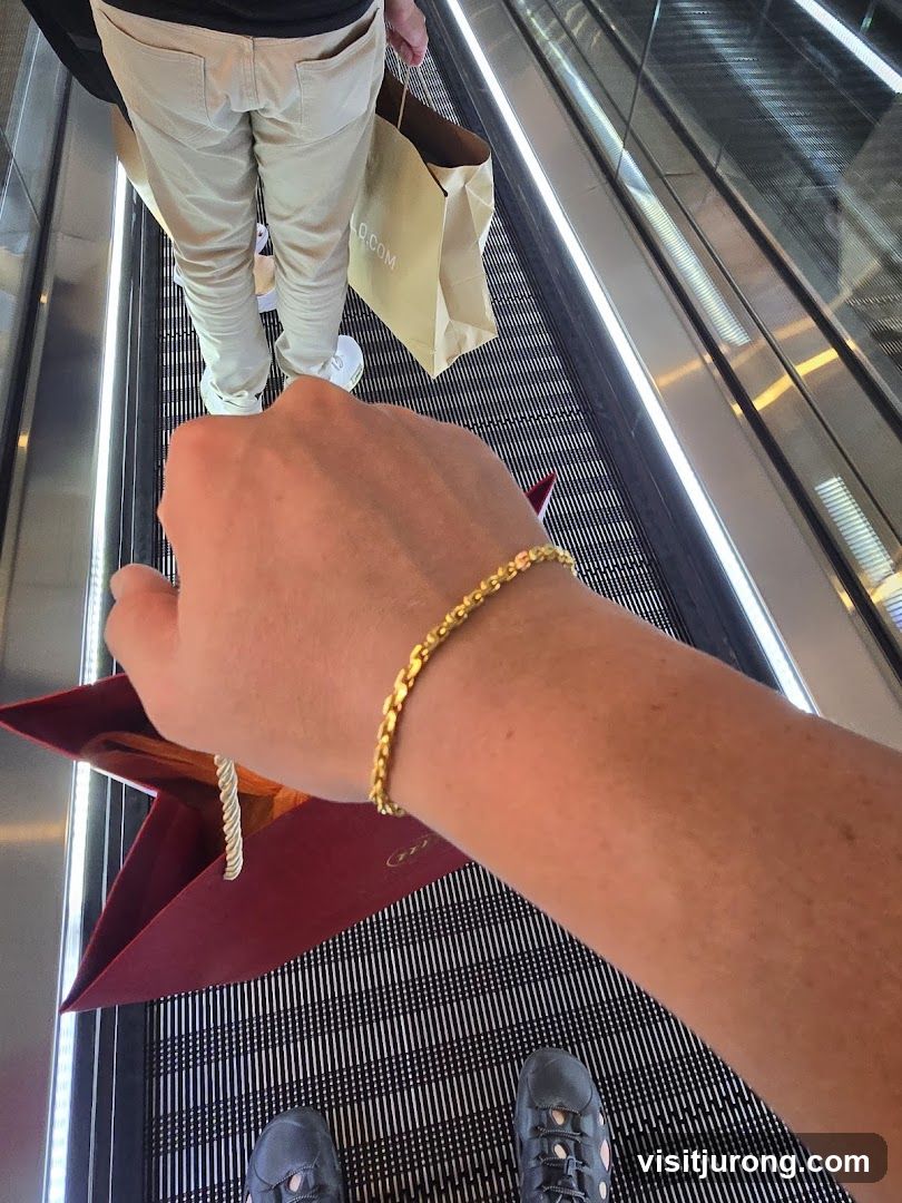 Person on Escalator with Shopping Bags