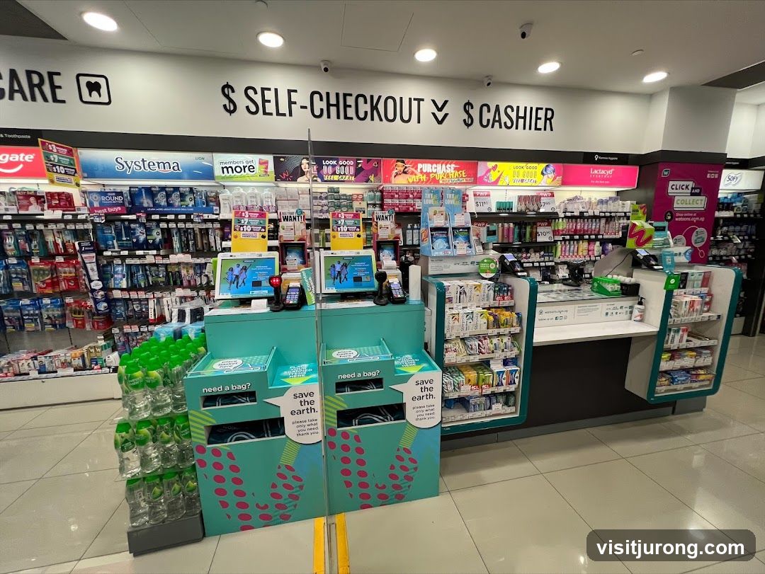 Pharmacy Interior with Self-Checkout and Cashier