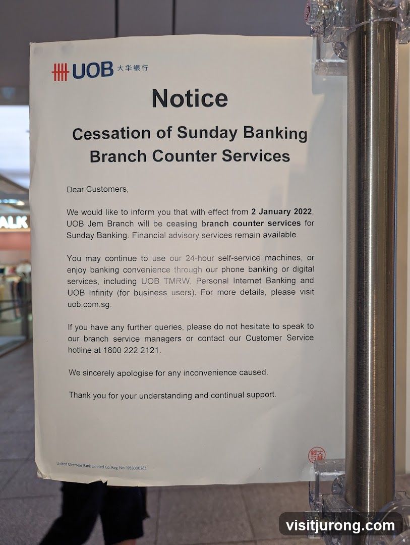 Notice of Cessation of Sunday Banking Branch Counter Services