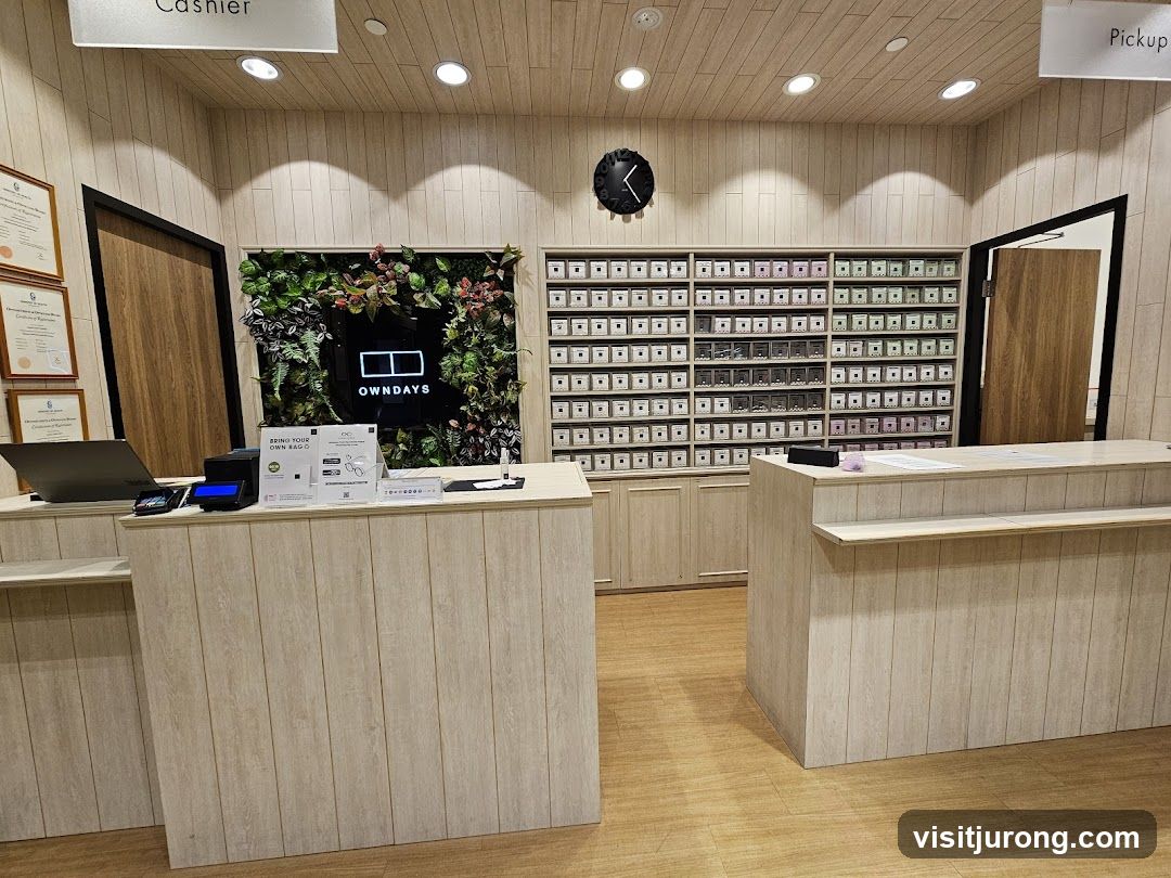 Retail store interior with display shelves and counter