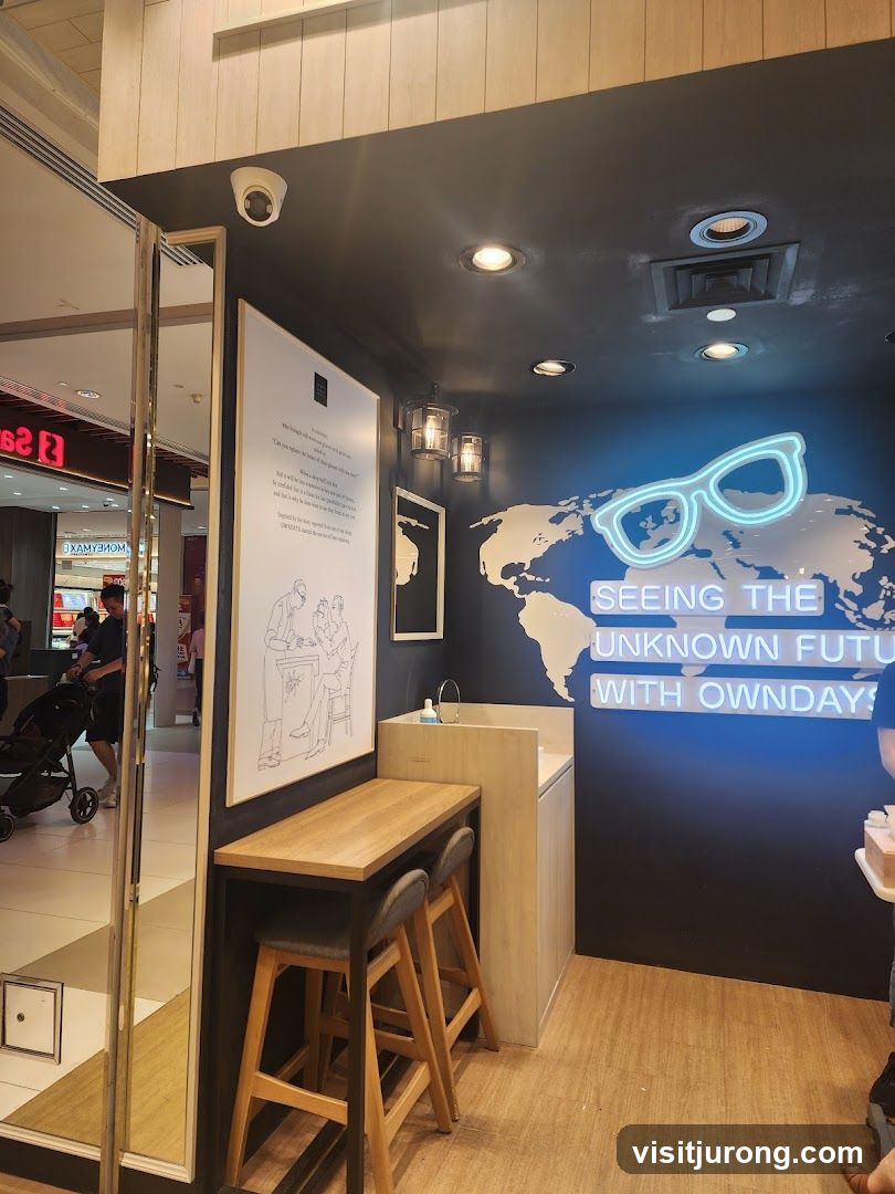 Eyewear store interior with neon sign