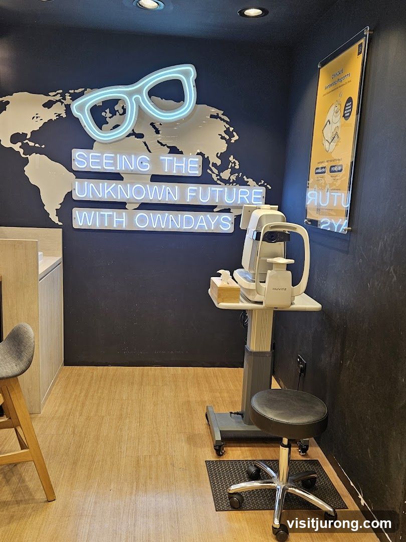 Eyewear store interior with eye examination equipment