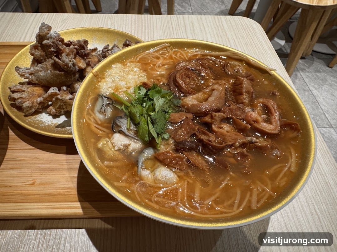Oyster and Intestine Noodle Soup with Fried Mushrooms
