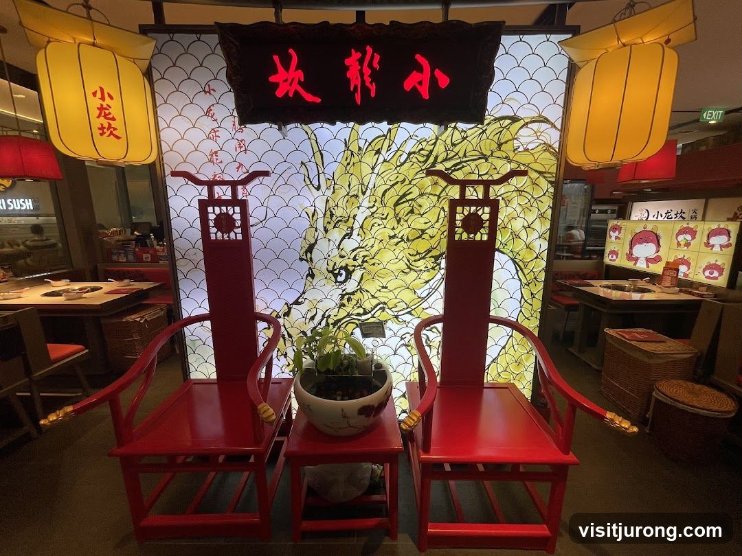 Restaurant Interior with Dragon Mural and Seating