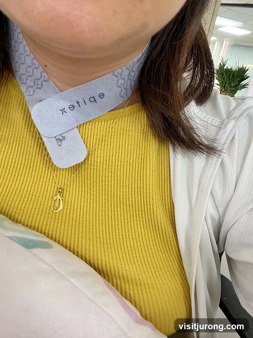 Woman wearing a neck brace and necklace