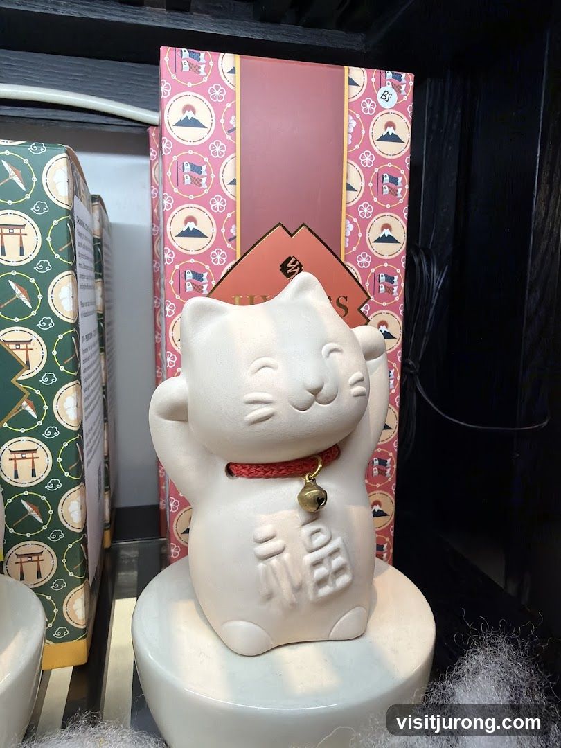 Maneki-neko figurine with decorative boxes